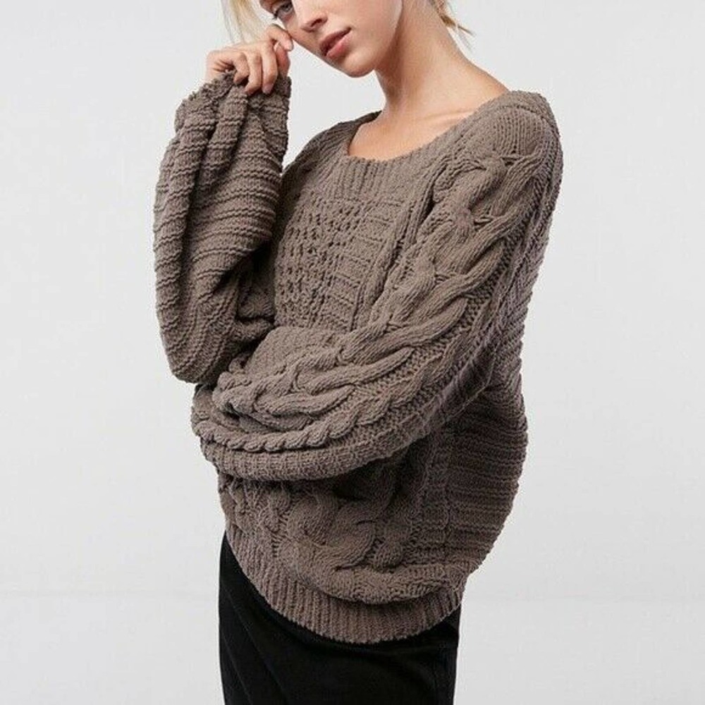 Express Cable Knit Balloon Sleeve Tan Sweater - Picture 3 of 11